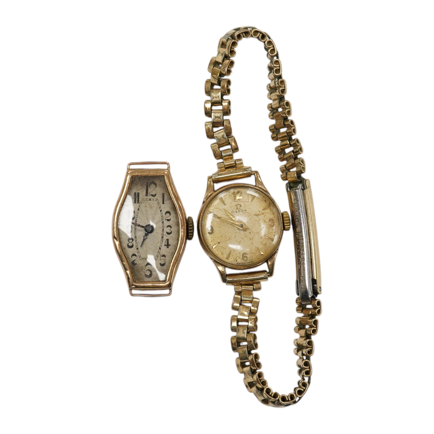 A lady's 1930's? 9ct gold manual wind wrist watch, no strap and 9ct gold Omega manual wind wrist watch on a gold plated bracelet. Condition - poor to fair